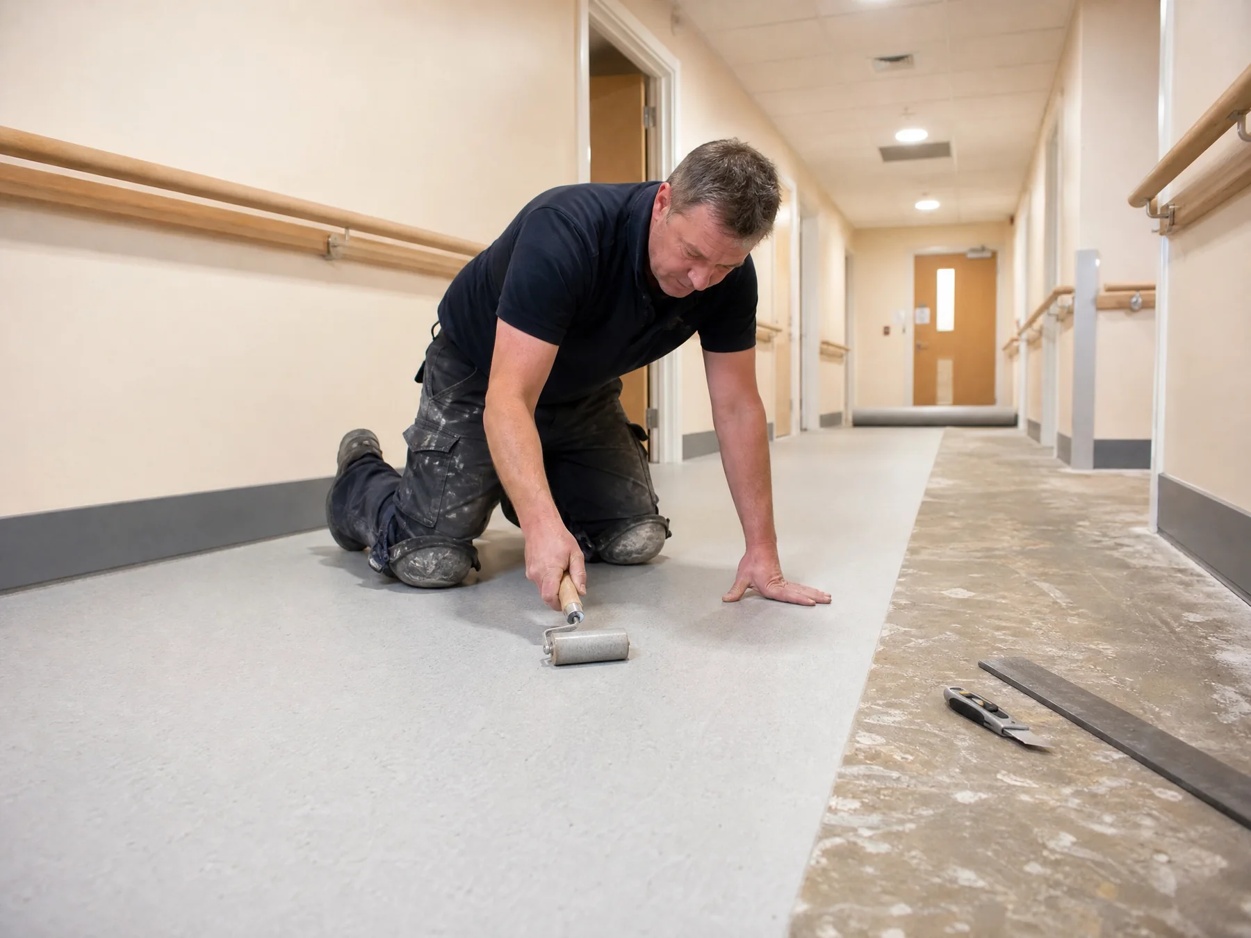 Specialist installer fitting safety flooring in a care-home environment