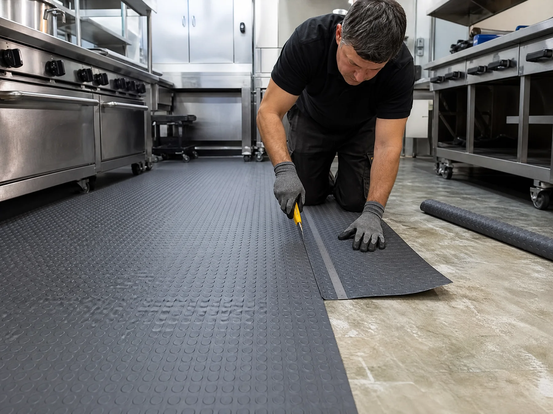 Installer fitting textured safety flooring in a commercial kitchen