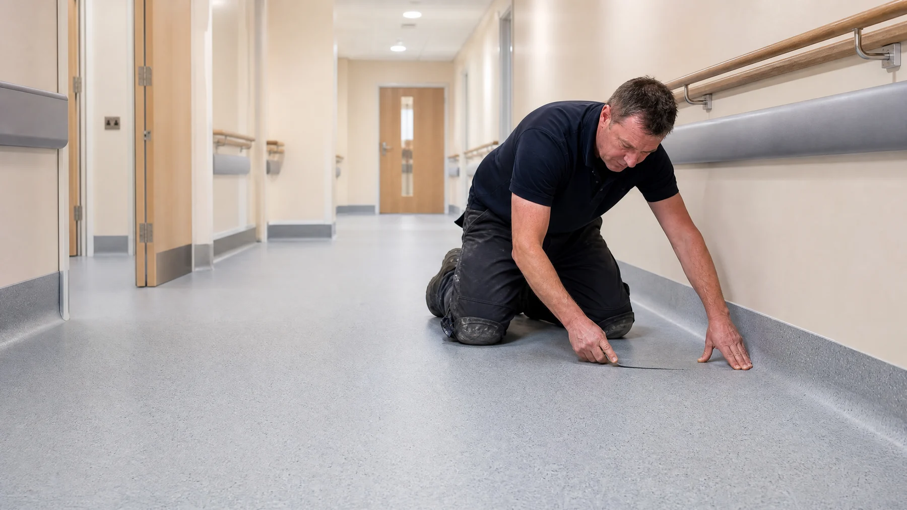 Clean healthcare corridor with resilient flooring and coved wall junction