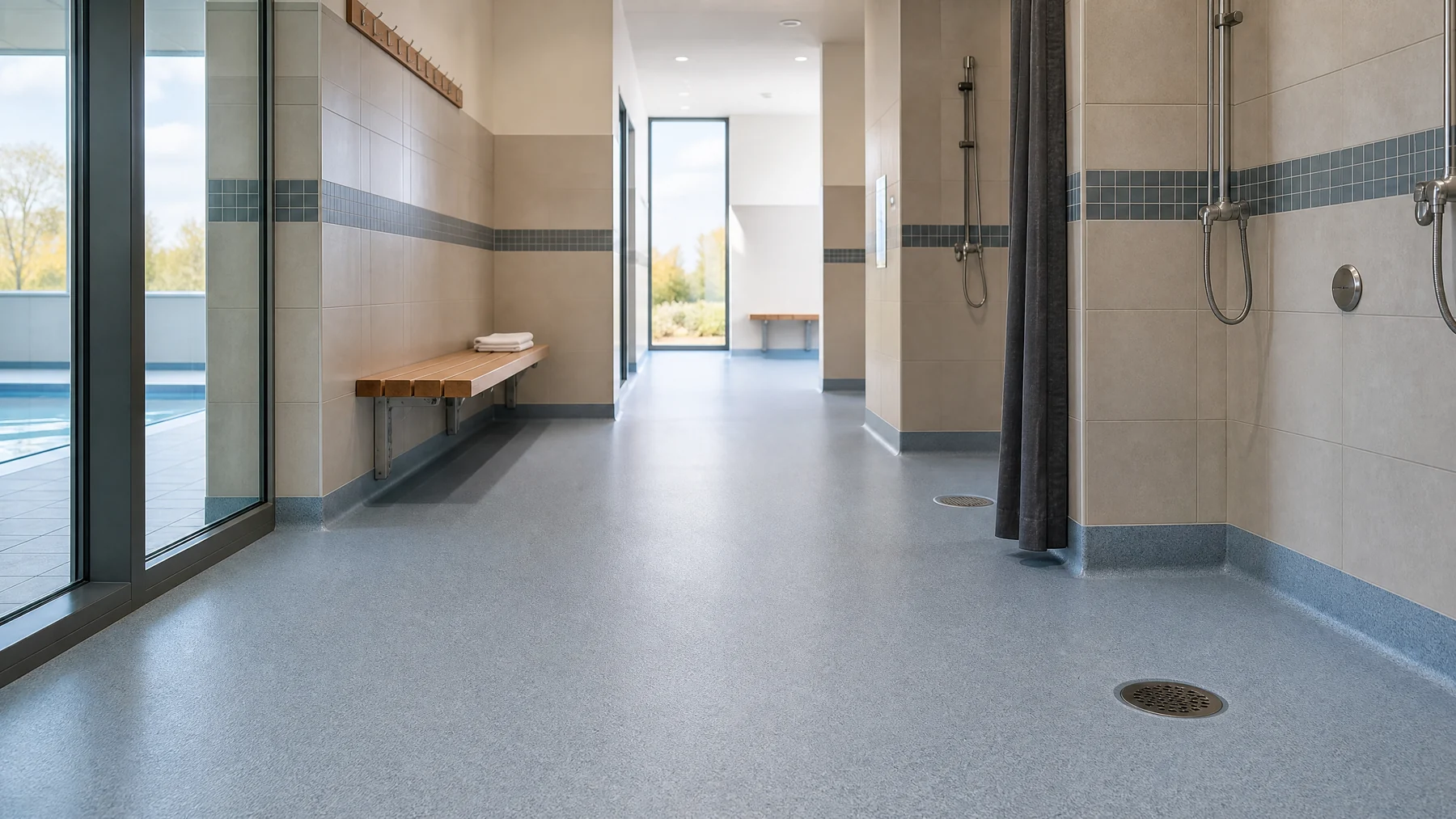 Modern leisure-centre changing route with safety flooring and drainage