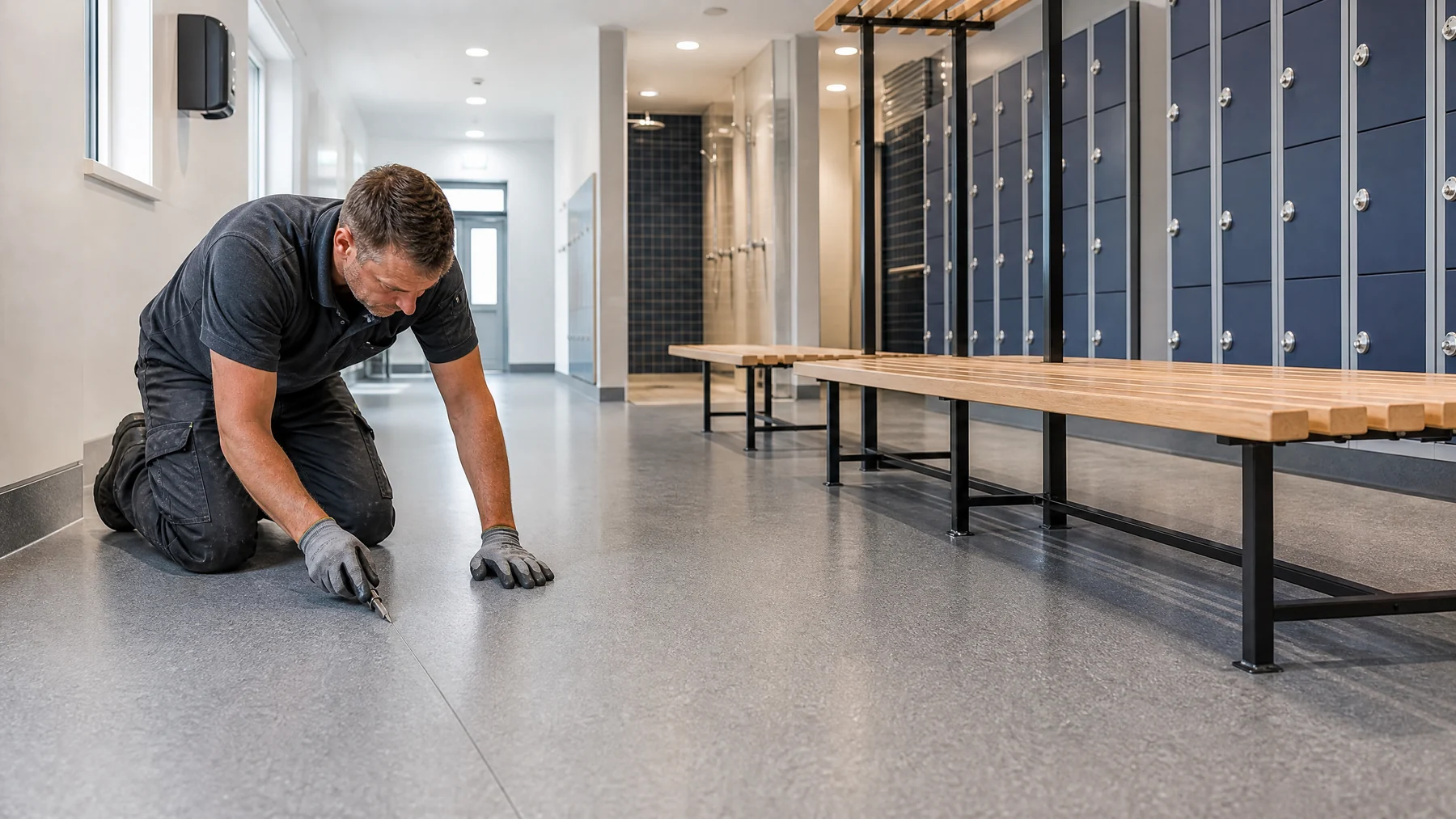 Bright school corridor with durable resilient safety flooring