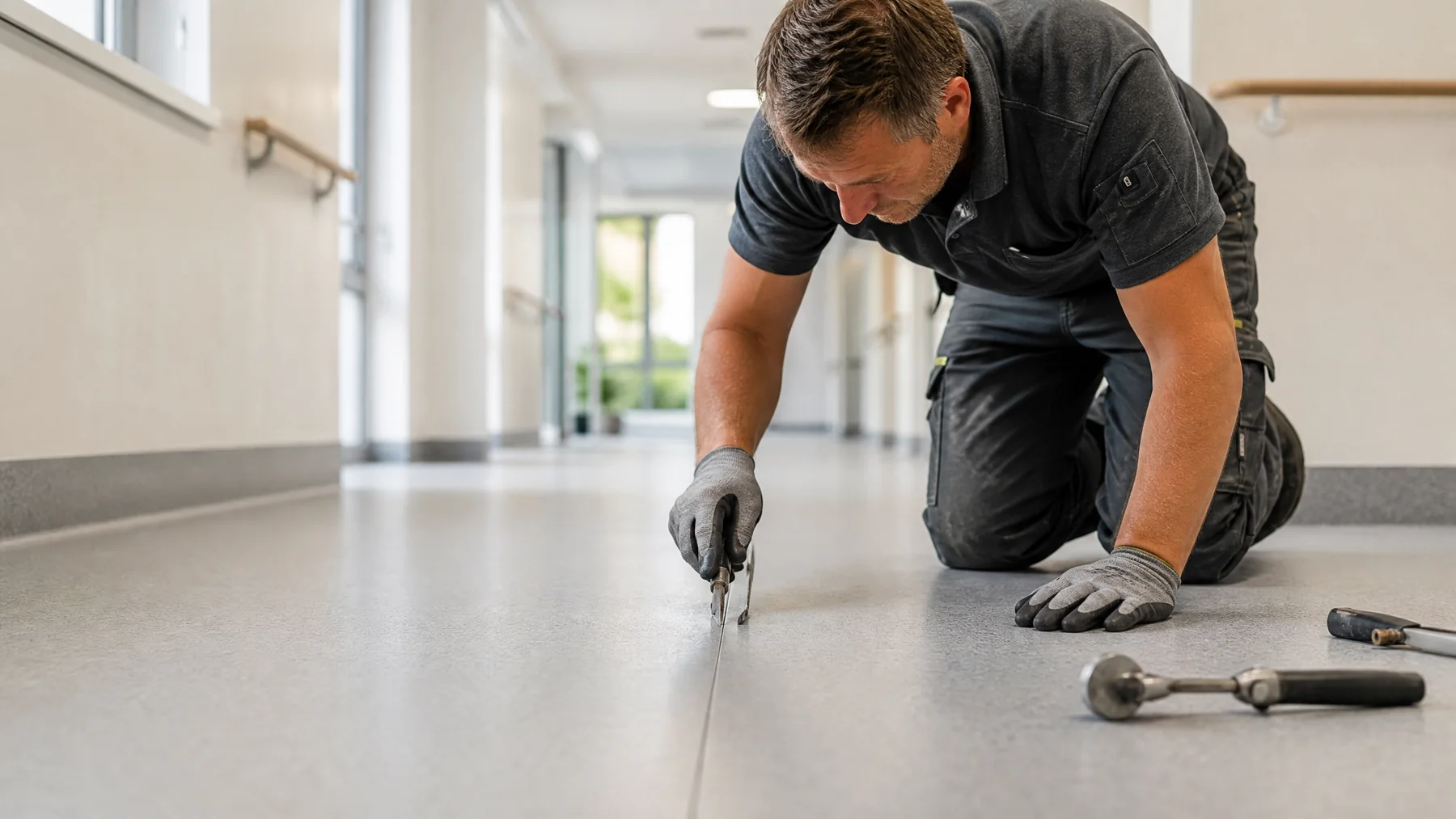 Specialist flooring installer assessing and preparing a subfloor