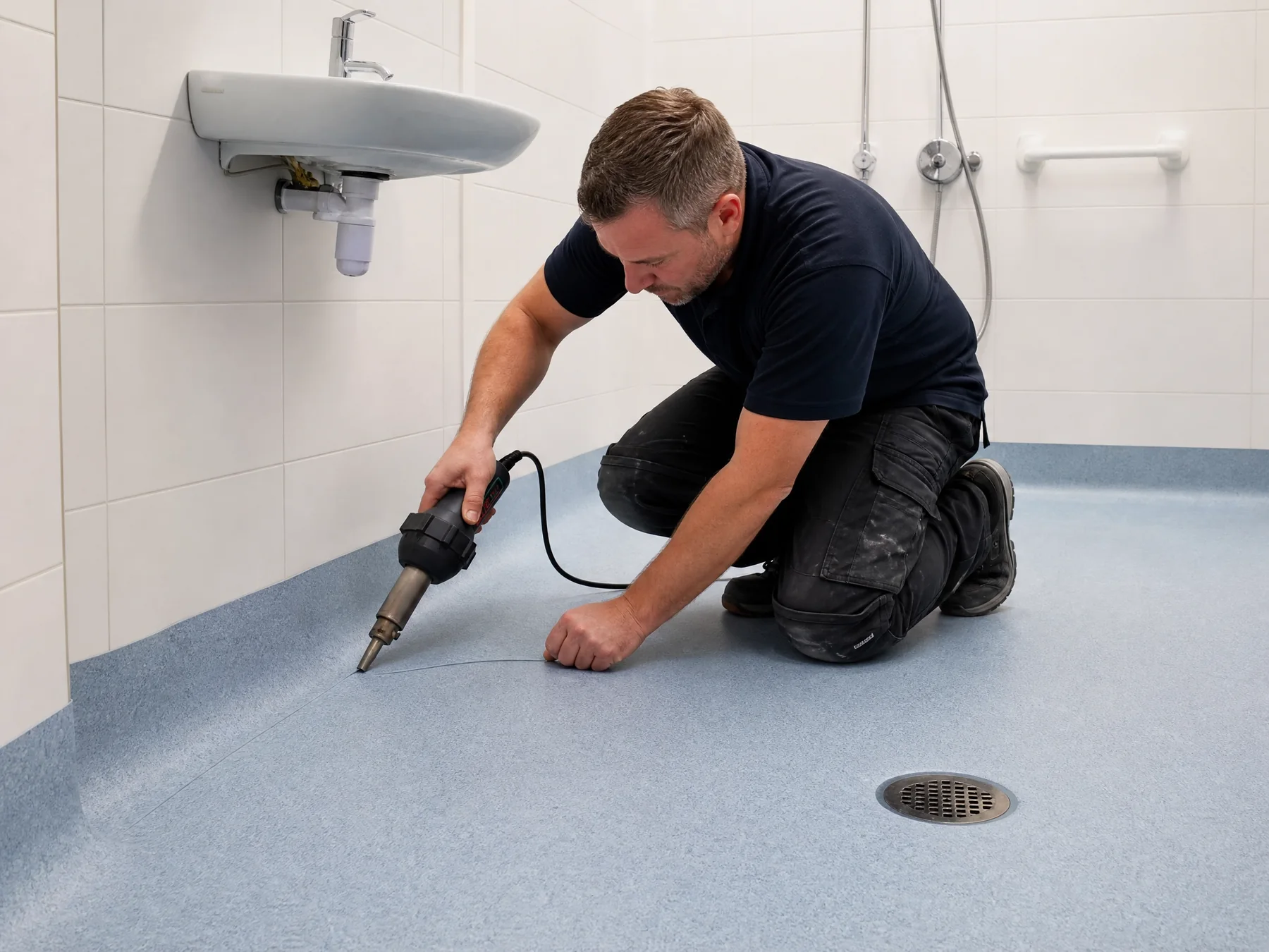 Installer forming and welding safety flooring beside a wet-room drain